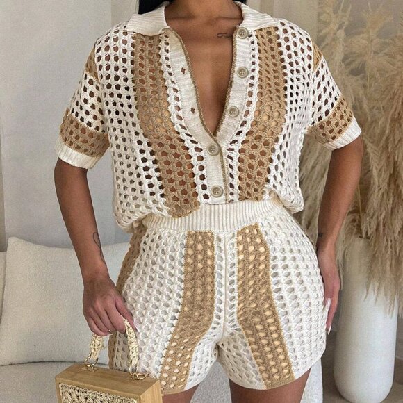 Apricot Casual Women's Button Front Pointelle Knit Cardigan & Knit Shorts - Picture 1 of 4